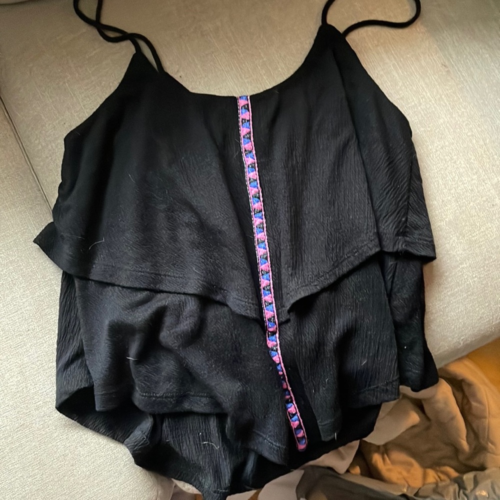 Black flowy tank top with pink and purple bohemian design down the middle